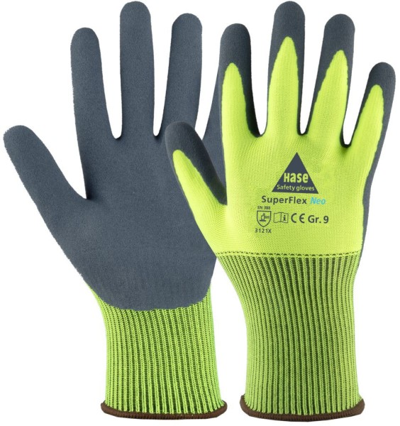 Hase SUPERFLEX NEO, Montagehandschuh aus Polyester/Latexschaum, neongrün/grau