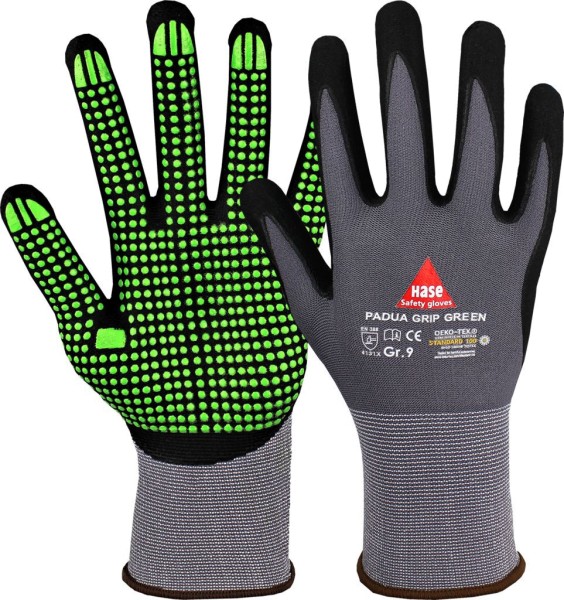 Hase PADUA GRIP GREEN, Montagehandschuh aus Nylon/Nitrilschaum, grau/schwarz/grün
